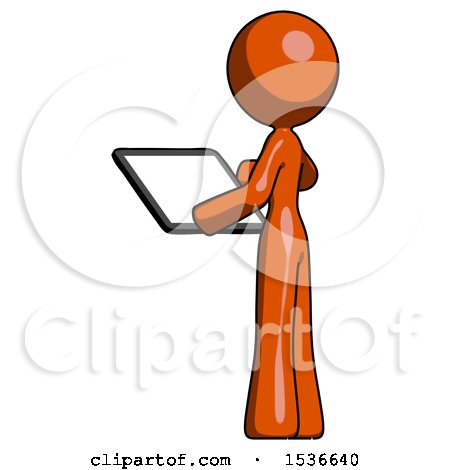 Orange Design Mascot Woman Looking at Tablet Device Computer with Back to Viewer by Leo Blanchette