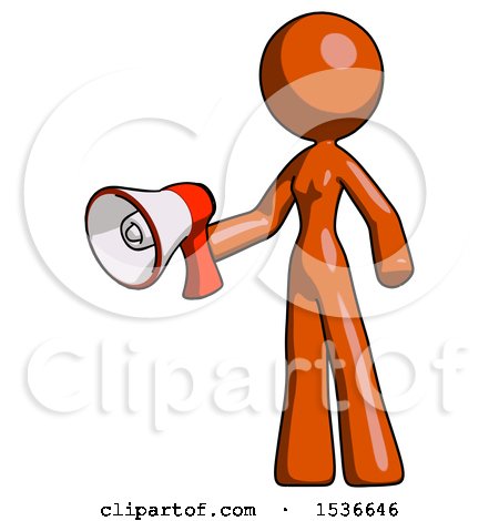 Orange Design Mascot Woman Holding Megaphone Bullhorn Facing Right by Leo Blanchette