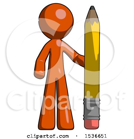 Orange Design Mascot Man with Large Pencil Standing Ready to Write by Leo Blanchette