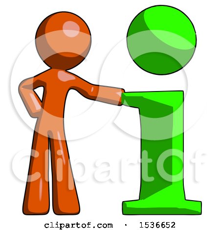 Orange Design Mascot Man with Info Symbol Leaning up Against It by Leo Blanchette