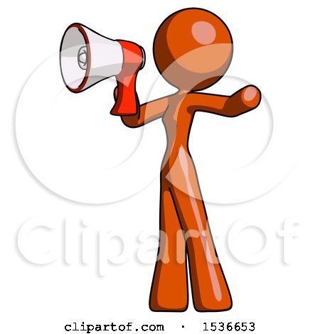 Orange Design Mascot Woman Shouting into Megaphone Bullhorn Facing Left by Leo Blanchette