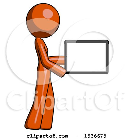 Orange Design Mascot Woman Show Tablet Device Computer to Viewer, Blank Area by Leo Blanchette