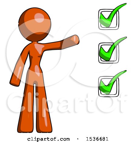Orange Design Mascot Woman Standing by a Checkmark List Arm Extended by Leo Blanchette