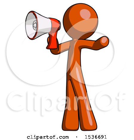 Orange Design Mascot Man Shouting into Megaphone Bullhorn Facing Left by Leo Blanchette