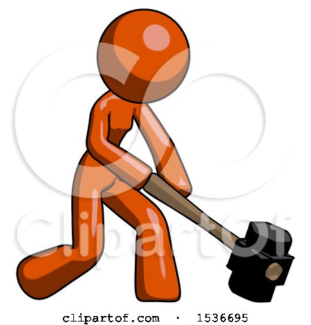 Orange Design Mascot Woman Hitting with Sledgehammer, or Smashing Something at Angle by Leo Blanchette