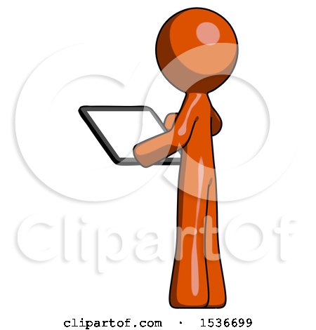 Orange Design Mascot Man Looking at Tablet Device Computer with Back to Viewer by Leo Blanchette