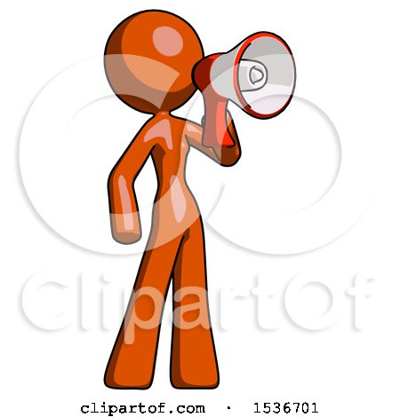 Orange Design Mascot Woman Shouting into Megaphone Bullhorn Facing Right by Leo Blanchette