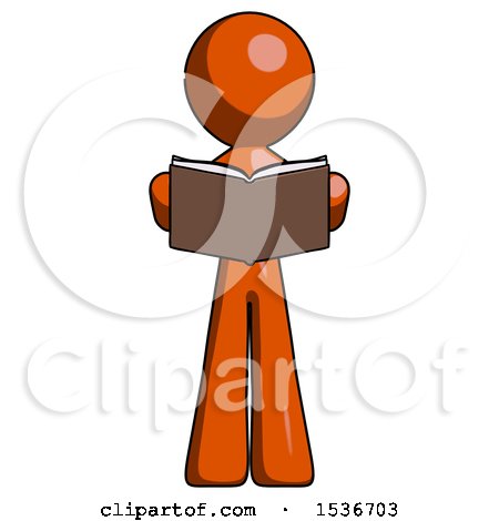 Orange Design Mascot Man Reading Book While Standing up Facing Viewer by Leo Blanchette