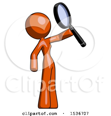 Orange Design Mascot Woman Inspecting with Large Magnifying Glass Facing up by Leo Blanchette