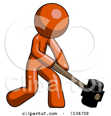 Orange Design Mascot Man Hitting with Sledgehammer, or Smashing Something at Angle by Leo Blanchette