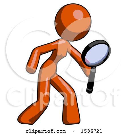 Orange Design Mascot Woman Inspecting with Large Magnifying Glass Right by Leo Blanchette