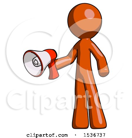 Orange Design Mascot Man Holding Megaphone Bullhorn Facing Right by Leo Blanchette