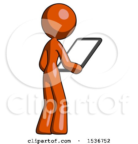 Orange Design Mascot Woman Looking at Tablet Device Computer Facing Away by Leo Blanchette