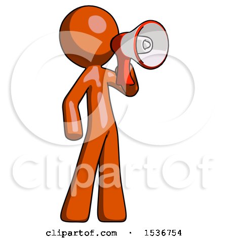 Orange Design Mascot Man Shouting into Megaphone Bullhorn Facing Right by Leo Blanchette