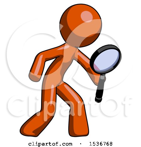Orange Design Mascot Man Inspecting with Large Magnifying Glass Right by Leo Blanchette