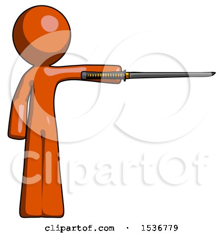 Orange Design Mascot Man Standing with Ninja Sword Katana Pointing Right by Leo Blanchette