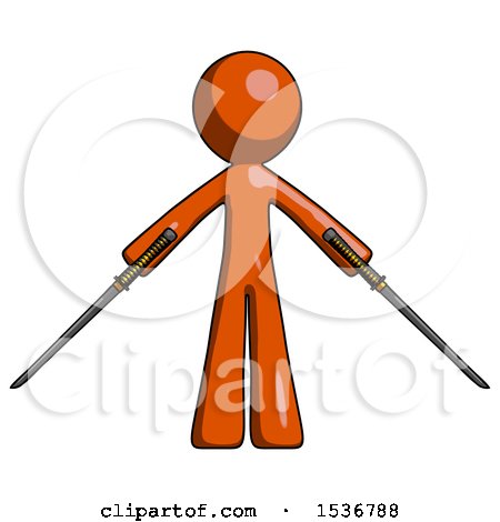 Orange Design Mascot Man Posing with Two Ninja Sword Katanas by Leo Blanchette