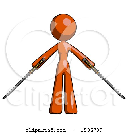 Orange Design Mascot Woman Posing with Two Ninja Sword Katanas by Leo Blanchette