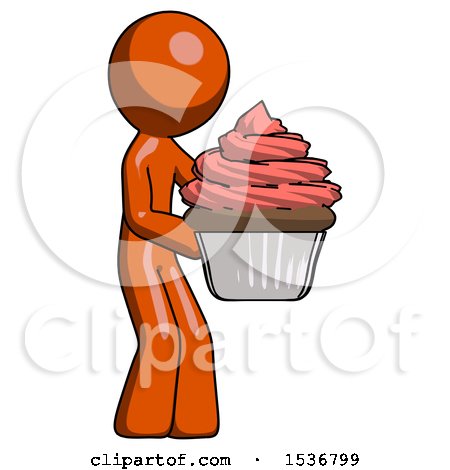Orange Design Mascot Man Holding Large Cupcake Ready to Eat or Serve by Leo Blanchette