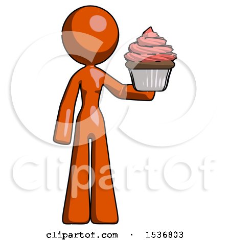 Orange Design Mascot Woman Presenting Pink Cupcake to Viewer by Leo Blanchette