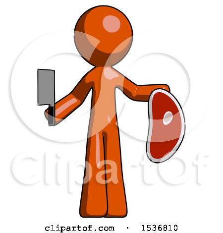 Orange Design Mascot Man Holding Large Steak with Butcher Knife by Leo Blanchette