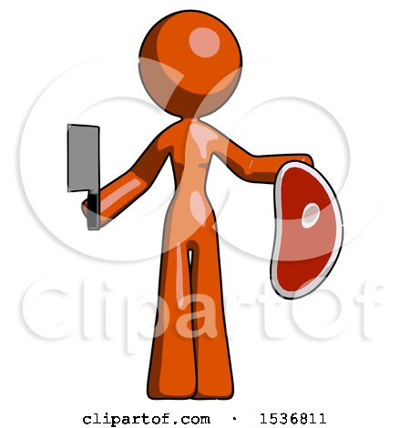 Orange Design Mascot Woman Holding Large Steak with Butcher Knife by Leo Blanchette
