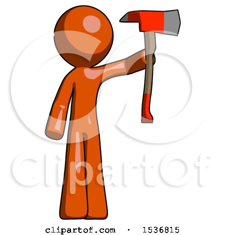 Orange Design Mascot Man Holding up Red Firefighter's Ax by Leo Blanchette