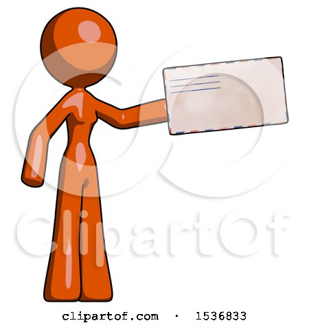 Orange Design Mascot Woman Holding Large Envelope by Leo Blanchette