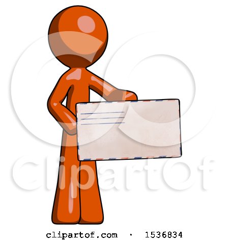Orange Design Mascot Man Presenting Large Envelope by Leo Blanchette