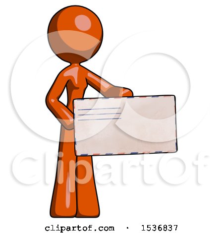 Orange Design Mascot Woman Presenting Large Envelope by Leo Blanchette