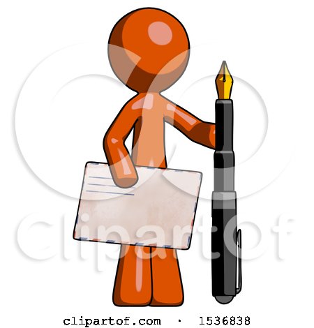 Orange Design Mascot Man Holding Large Envelope and Calligraphy Pen by Leo Blanchette