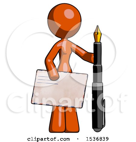 Orange Design Mascot Woman Holding Large Envelope and Calligraphy Pen by Leo Blanchette