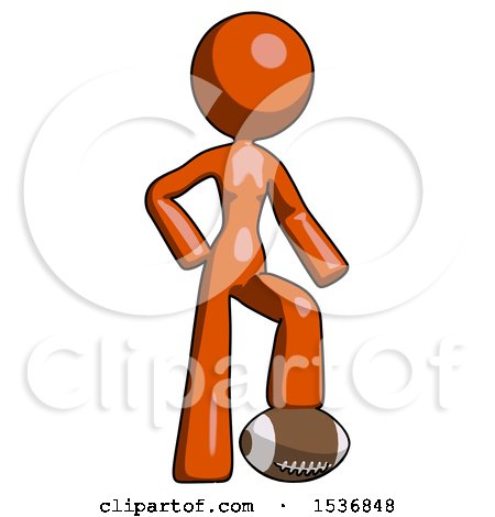 Orange Design Mascot Woman Standing with Foot on Football by Leo Blanchette