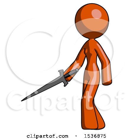 Orange Design Mascot Woman with Sword Walking Confidently by Leo Blanchette
