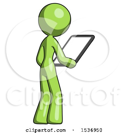 Green Design Mascot Woman Looking at Tablet Device Computer Facing Away by Leo Blanchette