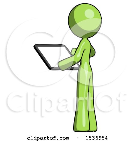 Green Design Mascot Woman Looking at Tablet Device Computer with Back to Viewer by Leo Blanchette