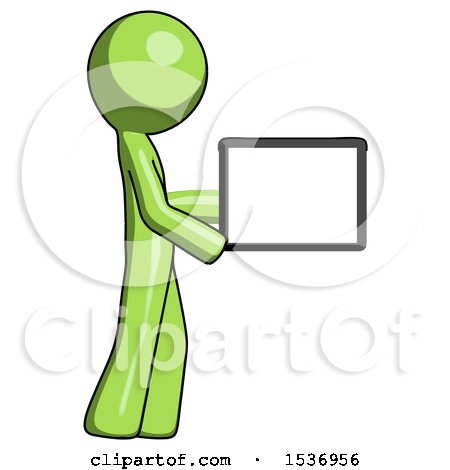 Green Design Mascot Man Show Tablet Device Computer to Viewer, Blank Area by Leo Blanchette