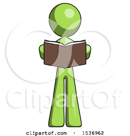 Green Design Mascot Woman Reading Book While Standing up Facing Viewer by Leo Blanchette