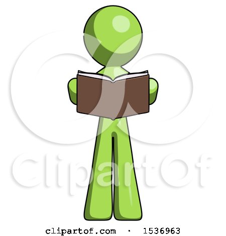 Green Design Mascot Man Reading Book While Standing up Facing Viewer by Leo Blanchette