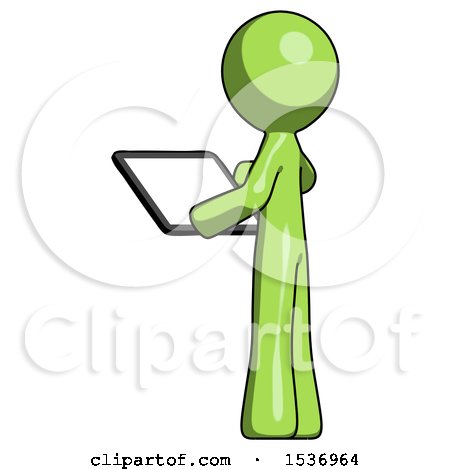 Green Design Mascot Man Looking at Tablet Device Computer with Back to Viewer by Leo Blanchette