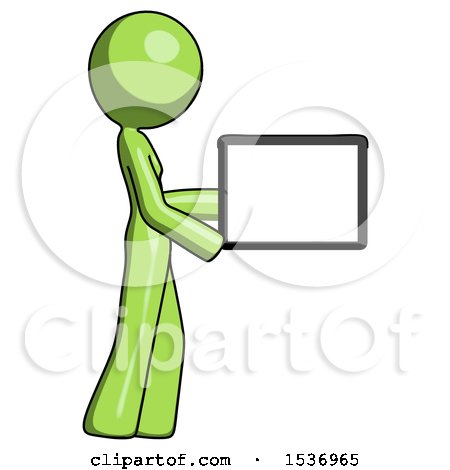 Green Design Mascot Woman Show Tablet Device Computer to Viewer, Blank Area by Leo Blanchette