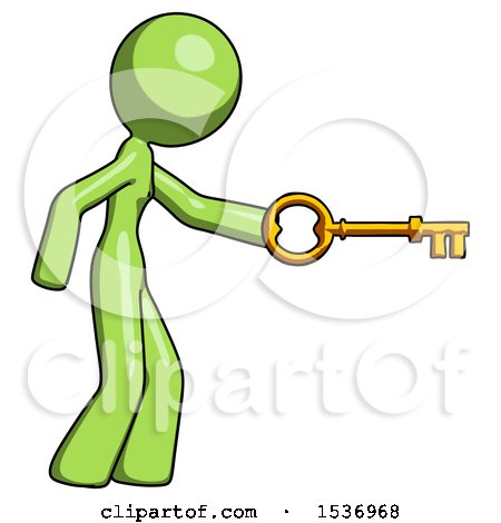 Green Design Mascot Woman with Big Key of Gold Opening Something by Leo Blanchette