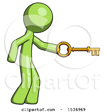 Green Design Mascot Man with Big Key of Gold Opening Something by Leo Blanchette