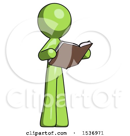 Green Design Mascot Man Reading Book While Standing up Facing Away by Leo Blanchette