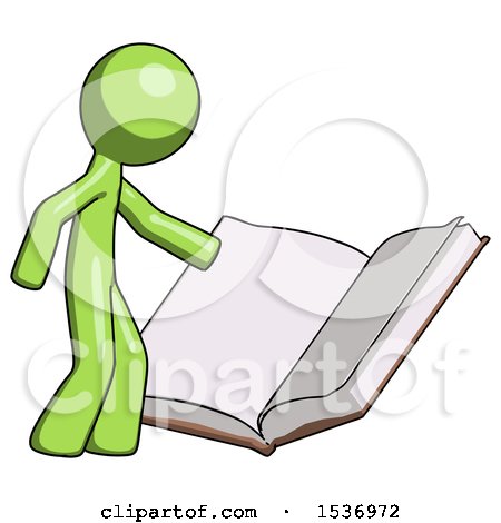 Green Design Mascot Man Reading Big Book While Standing Beside It by Leo Blanchette
