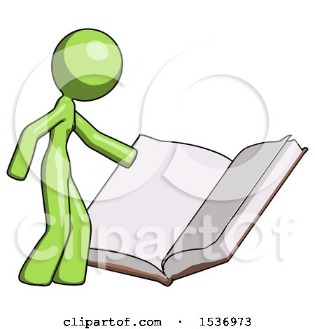 Green Design Mascot Woman Reading Big Book While Standing Beside It by Leo Blanchette
