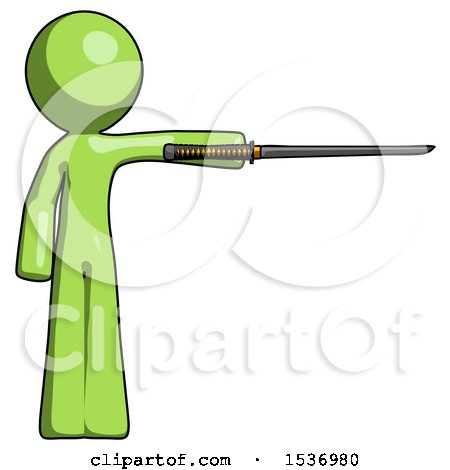 Green Design Mascot Man Standing with Ninja Sword Katana Pointing Right by Leo Blanchette