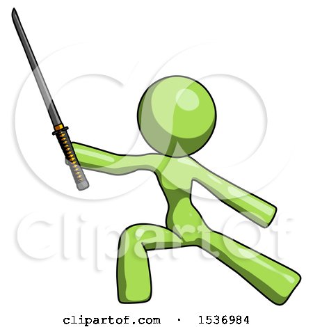 Green Design Mascot Woman with Ninja Sword Katana in Defense Pose by Leo Blanchette