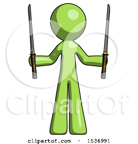 Green Design Mascot Man Posing with Two Ninja Sword Katanas up by Leo Blanchette