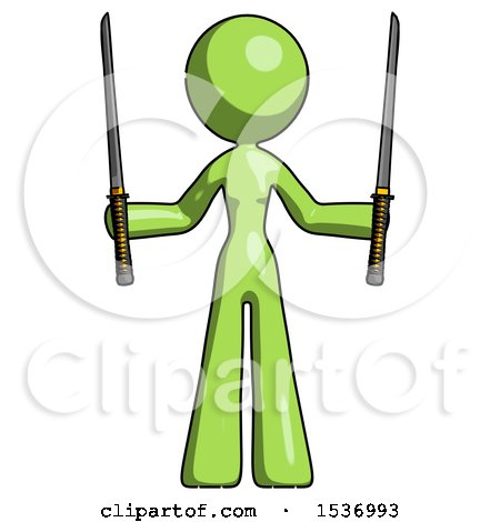 Green Design Mascot Woman Posing with Two Ninja Sword Katanas up by Leo Blanchette